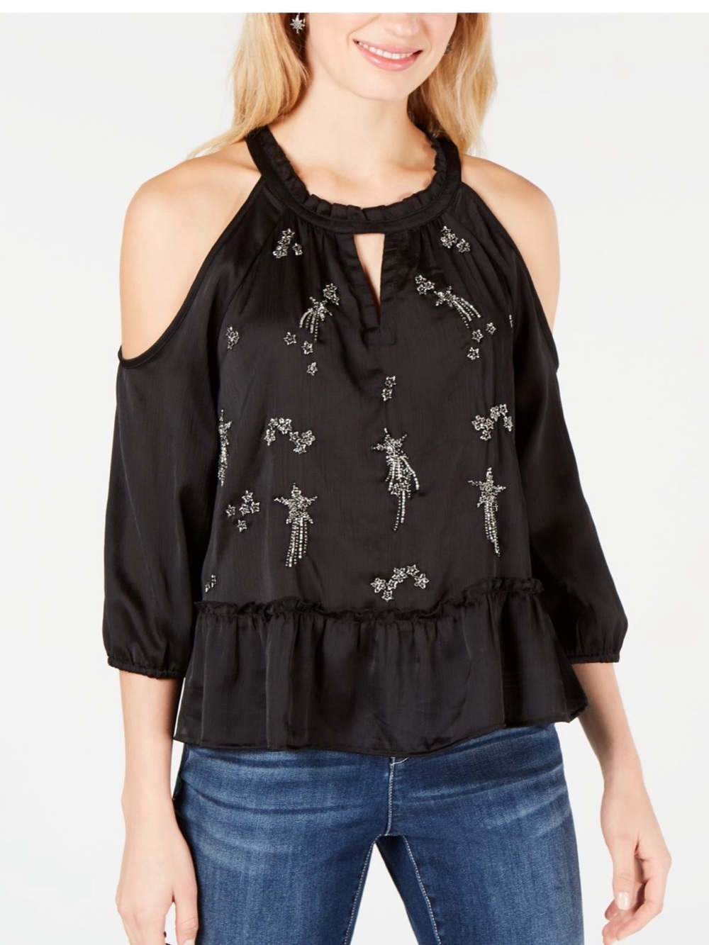 INC International Concepts Black Cold-Shoulder Beaded Halter Top